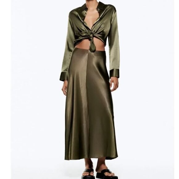 Zara Dresses & Skirts - ZARA SATIN EFFECT VERSATILE A-LINE OLIVE GREEN MAXI DRESS(SIZE SMALL)